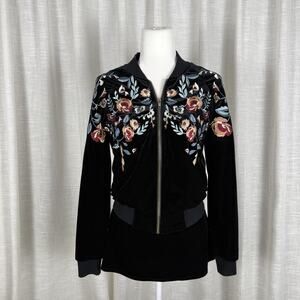 Lucy Paris Jacket Womens Small Black Velvet Floral Embroidered Bomber Zip Front